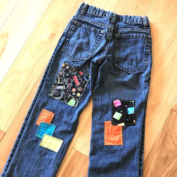 Boy’s Upcycled Patch Jeans, Size 10: Handmade Colorful Science Theme Patchwork - Picture 2 of 11